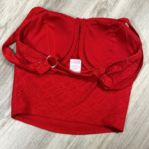Tomato Girl Summer Red Eyelet Bustier Tank Top w/Built-in Bra Adjustable Straps - Picture 5 of 6